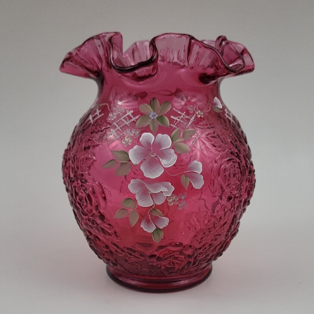 Vtg Fenton Cranberry Ruffle Embossed Rose Bowl Hand Painted Signed M. Kibbe